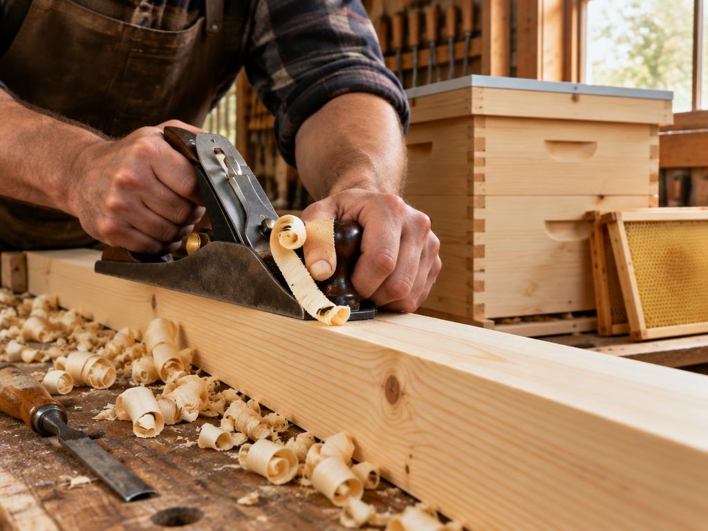 Mani di un artigiano che piallano una tavola di legno
