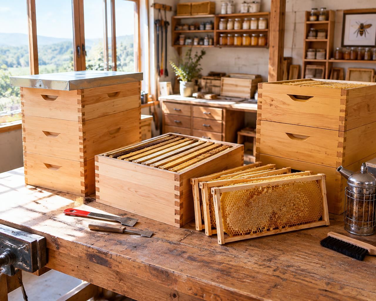 Arnie e melari in legno su un banco da lavoro in un laboratorio luminoso